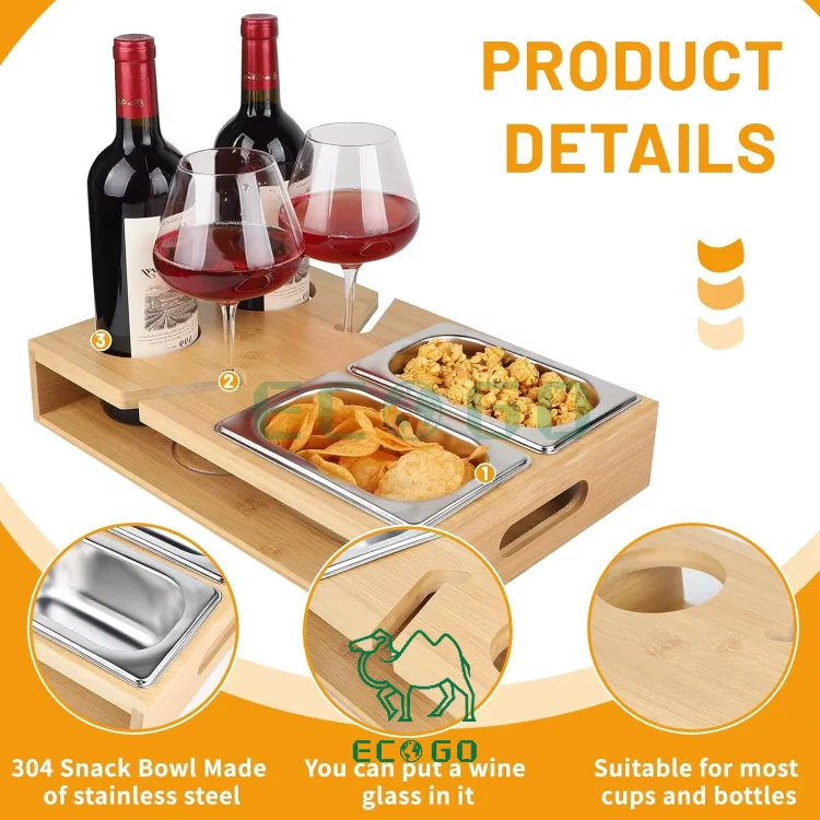 Bamboo Couch Snack Caddy With 2 Wine Glass Holder Couch Bar Snack Box for Sofa Bed Food Box Snack Couch Tray Kit
