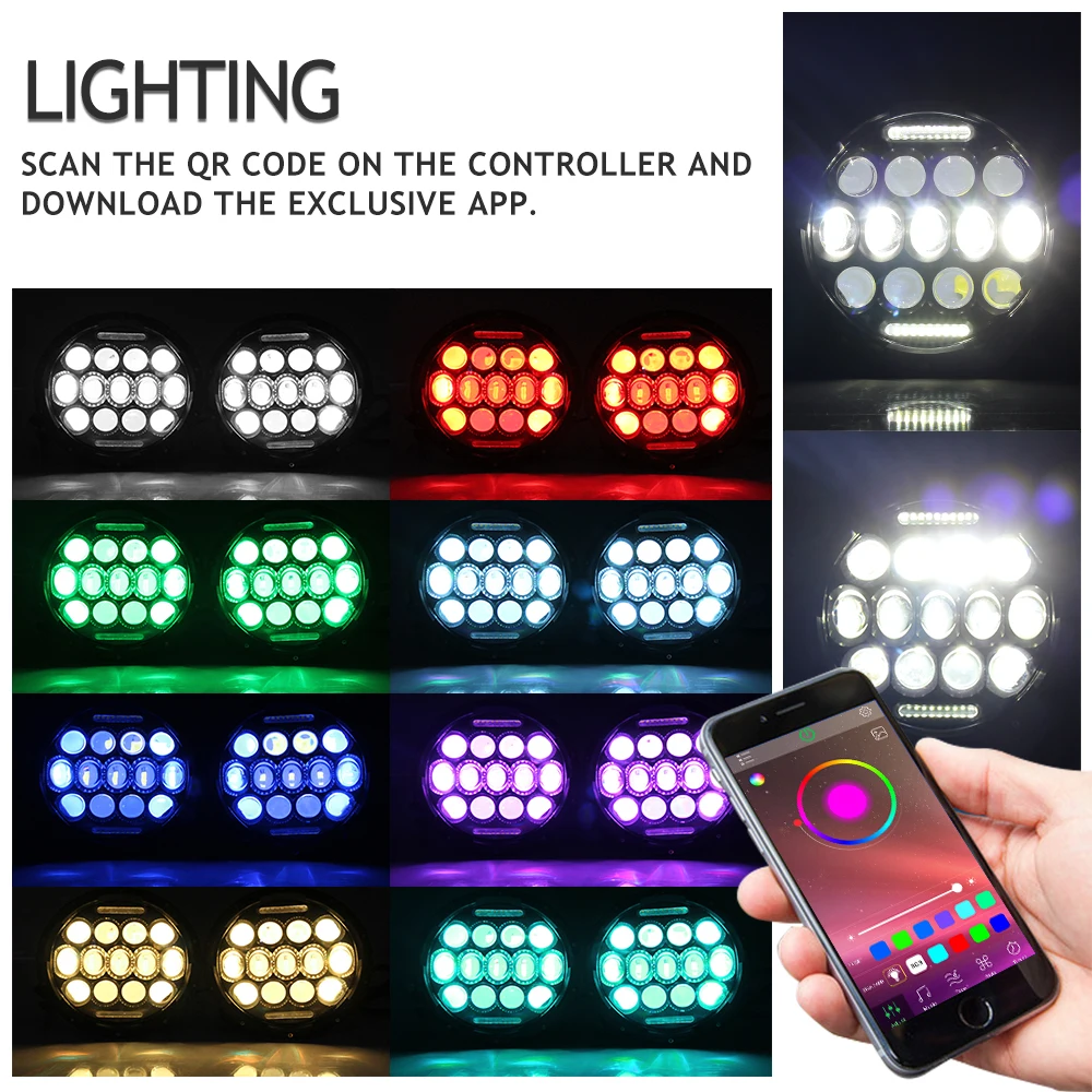 Super Bright Remote control 30w/50w Led Drl APP Angel Eye Round RGB 7 inch LED Headlight