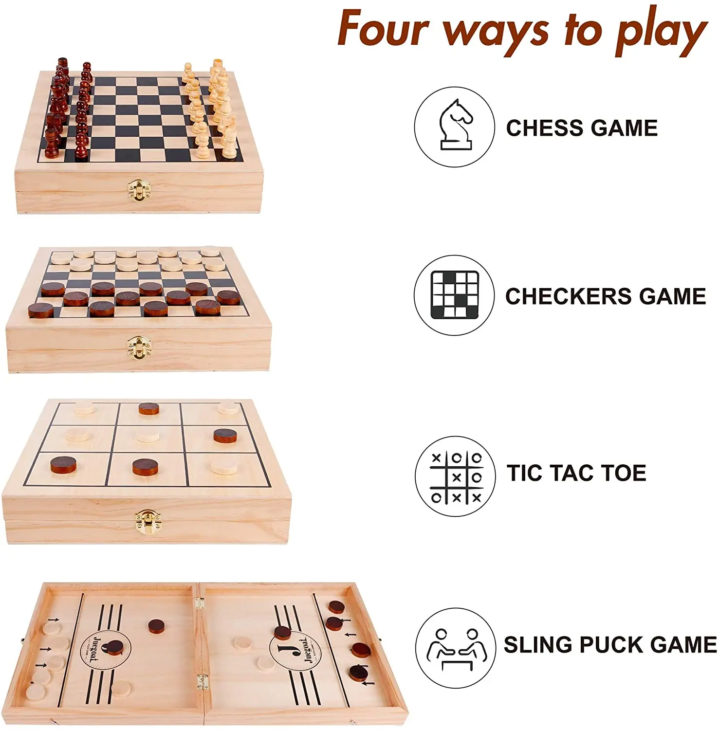 4-in-1 Wooden Fast Sling Puck Set Chess Checkers Tic Tac Toe Games  Folding Tabletop Chess Board Game Sets