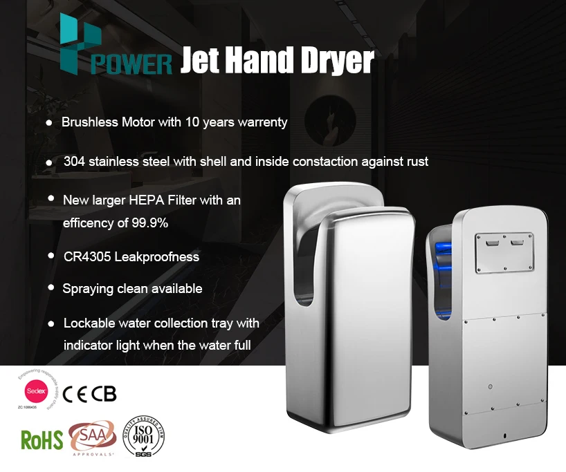 Touchless and Waterproof Jet Smart Stainless Steel Hand Dryers for Toilet