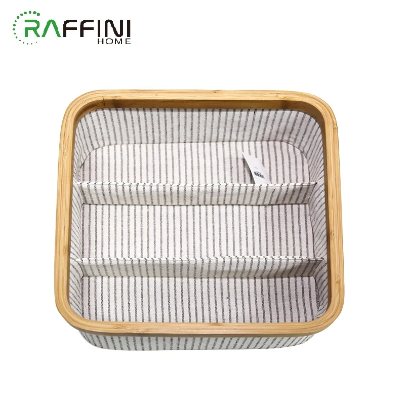 
Fabric Cotton Organizer Desk Bamboo Frame Eco Certificated Manufacturer Customized Box Home Office Three Grids Storage Boxes 