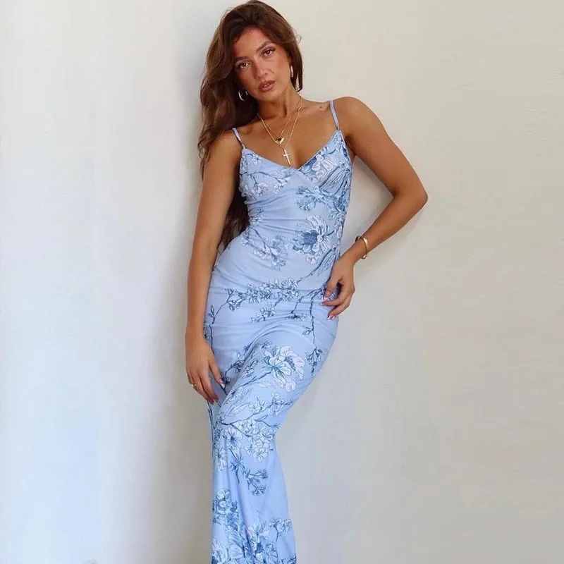 Women Summer Clothing Sexy V Neck Halter Dress Long Digital Print Pencil Dresses