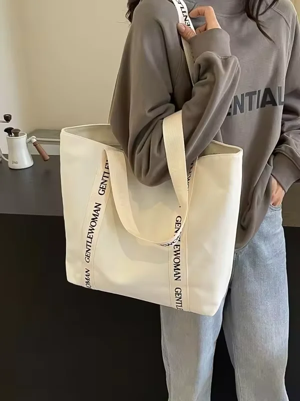 logo printed popular Canvas Casual Tote Bag with strong nylon handle silk printing School Handbag Wide handle Strap Shoulder