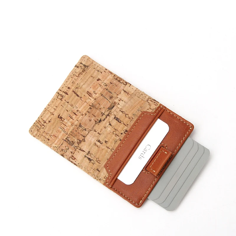 OEM Slim Minimalist Wallet RFID Blocking Leather Cork Credit Card Holder with Pull Tab