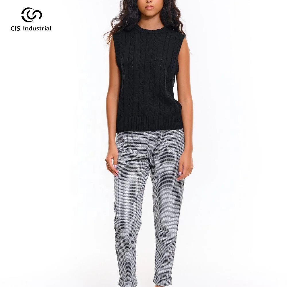Oem/Odm Custom O-neck Pullover Knit Vest Black Tank Top Women High Quality Cable Knit Sleeveless Sweater Vest For Women