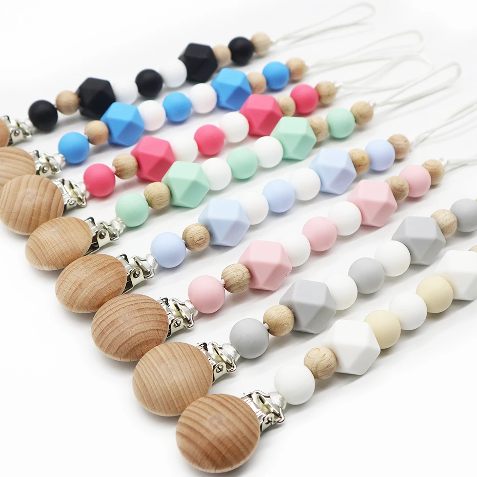 Popular Silicone Beaded Soother Packaging Baby Wooden Pacifier Chain Chewable Clip Dummy Holder