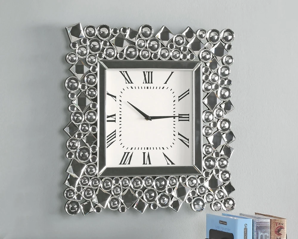 Amazon hot selling Living room square crystal border silver /black /smoked grey wall mirror clock decorative