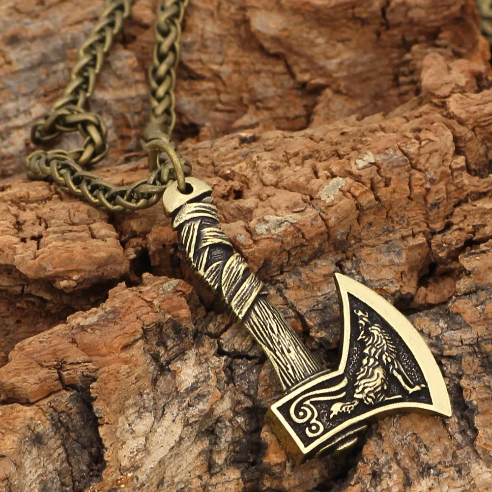 New Nordic Viking Celtic Wolf Crow Double-sided Axe Pendant Trendy Vintage Necklace For Men