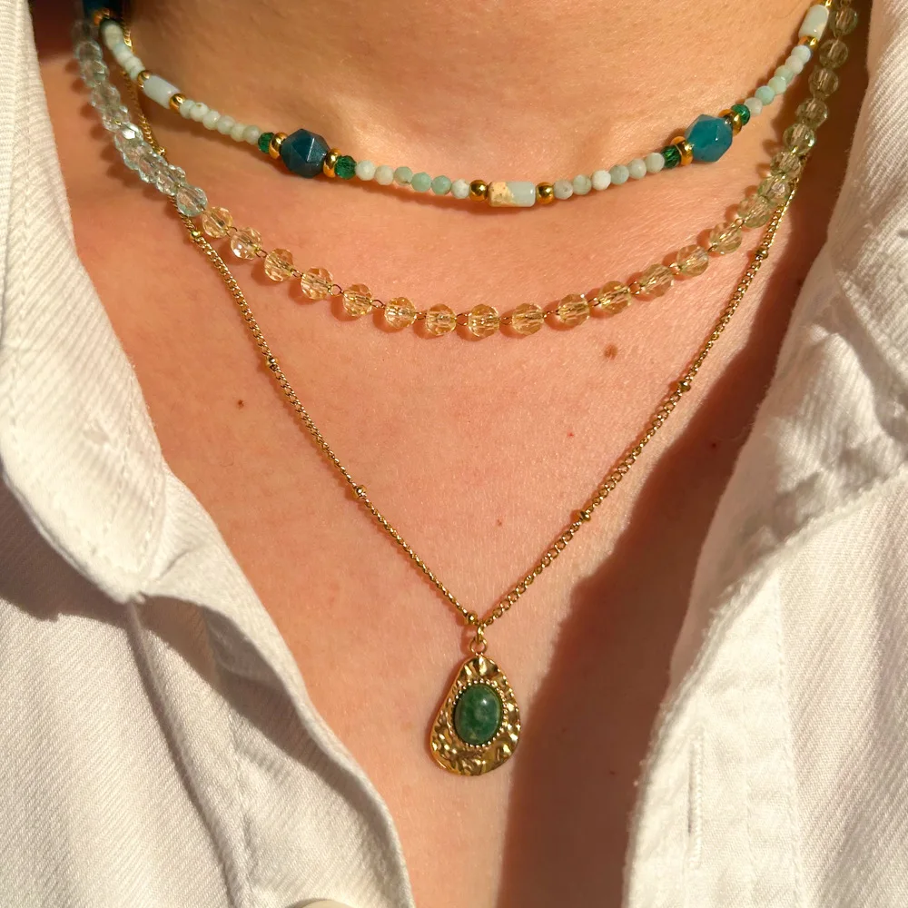 Yoga Energy African Jade Beads Choker Necklace Stainless Steel Link Chain White Crystal Natural Stone Pendant Necklace