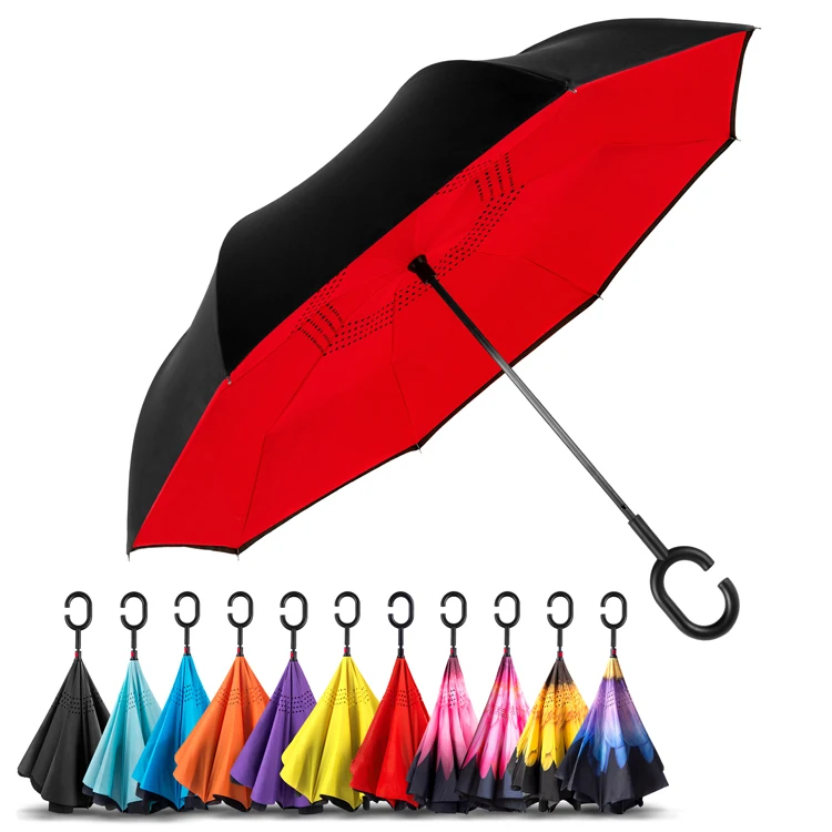 Hot Selling New Products Stock Custom Double Layer Inside Out C Shape Handle inverted Reverse Umbrella With Logo Prints