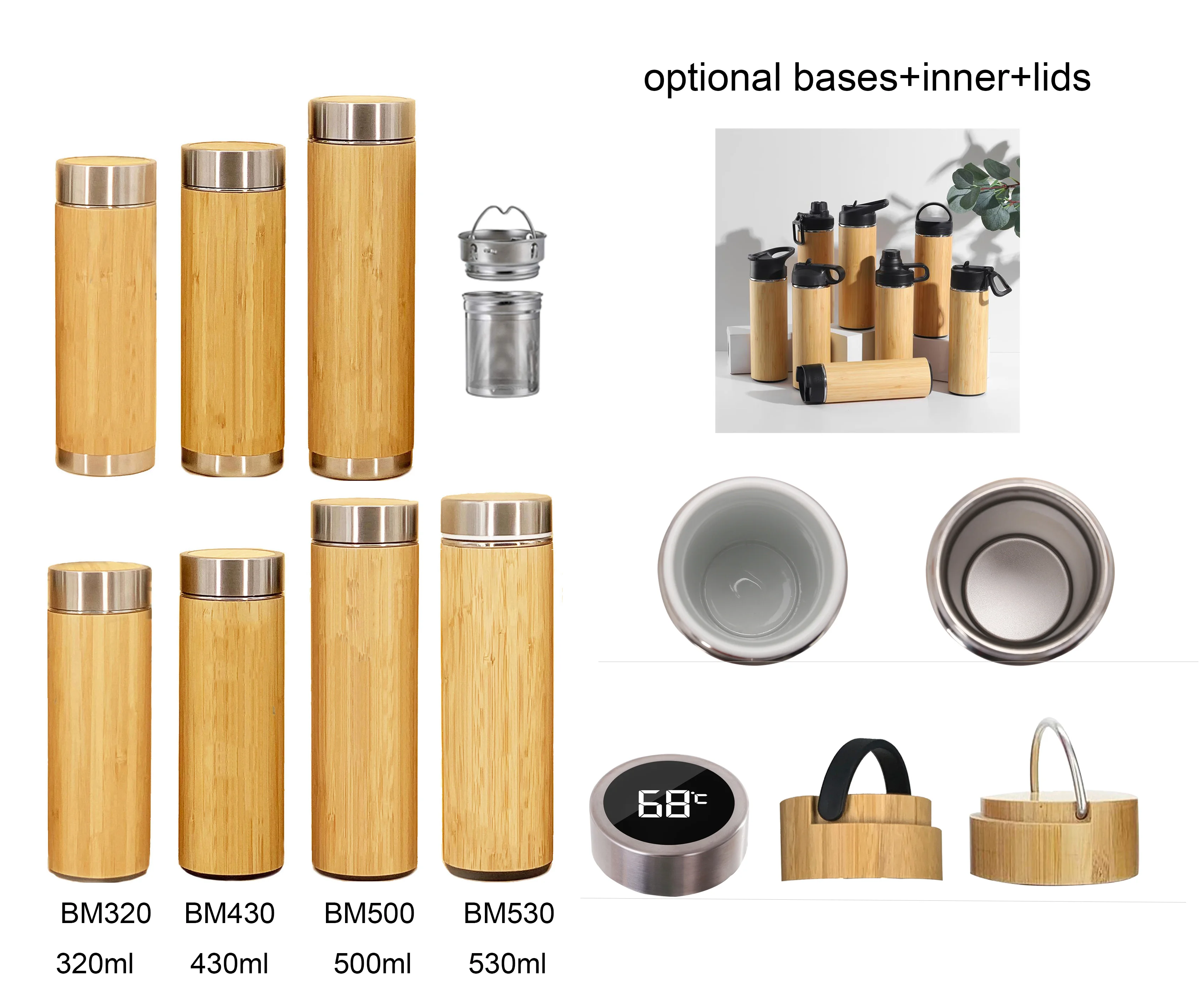 450ml 500ml 304 100% natural stainless steel bamboo tumbler with infuser strainer