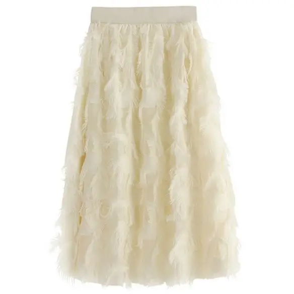 Creative Womens Umbrella Skirt Feather Fringe High Elastic Waist Midi A-Line Swing Skirt Cute Irregular Multi-Layer Cake Skirt