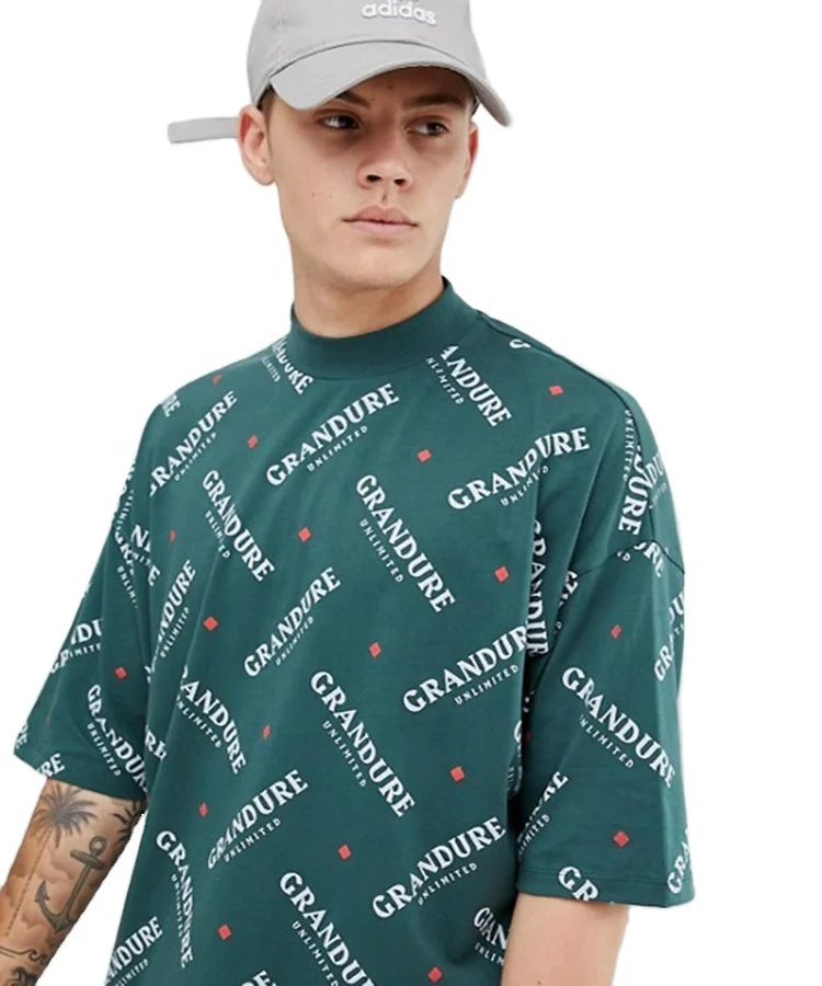 Manufacturer Wholesale custom cotton oversized tshirt men all over text print t-shirt with turtleneck