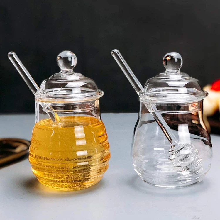 Wholesale 10oz Beehive Honey Glass Jar Jam Syrup Food Storage Container with Glass Stirring Rod