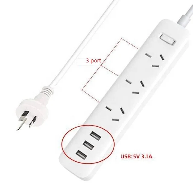 AU NZ AR Standard Power Strip 3 USB Port 3 Outlets Simple Design Power Bar with Switch Residential Commercial Use 1.8m