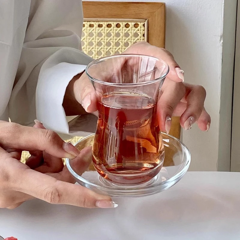 New Design Fancy Waist Shot Glass Black Tea  Tulip Turkish Teacups with Saucers