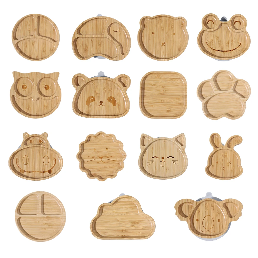 Cartoon Animal Custom Logo Eco-friendly Suction Wooden Plates Bamboo Salad Bowl Set Bamboo Plates For Kids Tableware