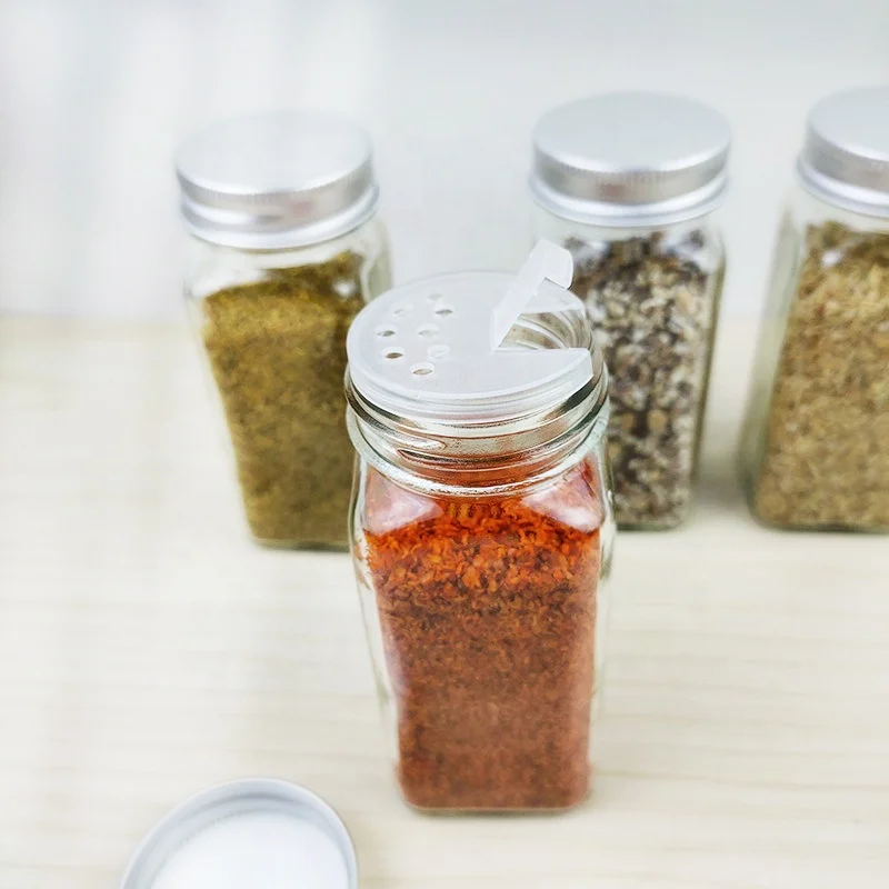 Glass Spice Jars Bottles 100ml Empty Square Spice Containers with Shaker Lids and Airtight Metal