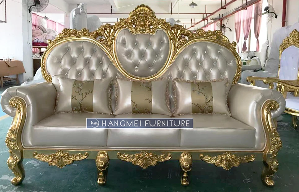 Wholesale High-Density Soft Cushion Gold Frame Fiberglass Banquet Throne Party Event Wedding Sofa for Living Room Use
