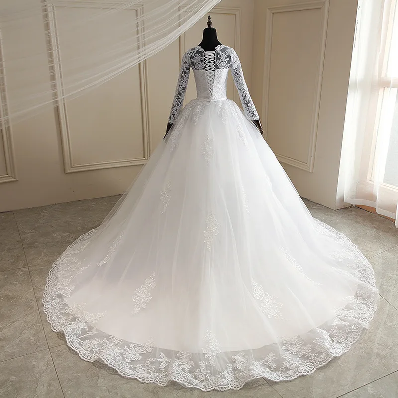 
W1019 Women Elegant Long Sleeve Lace Bandage Floor Length Long Tail Wedding Dress Bridal Dress 