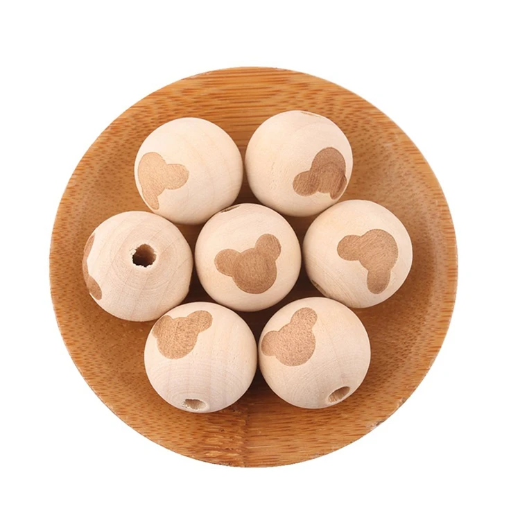 20mm Food Grade Engraved Elephant Wooden Round Teething Charms Beads For Bracelets