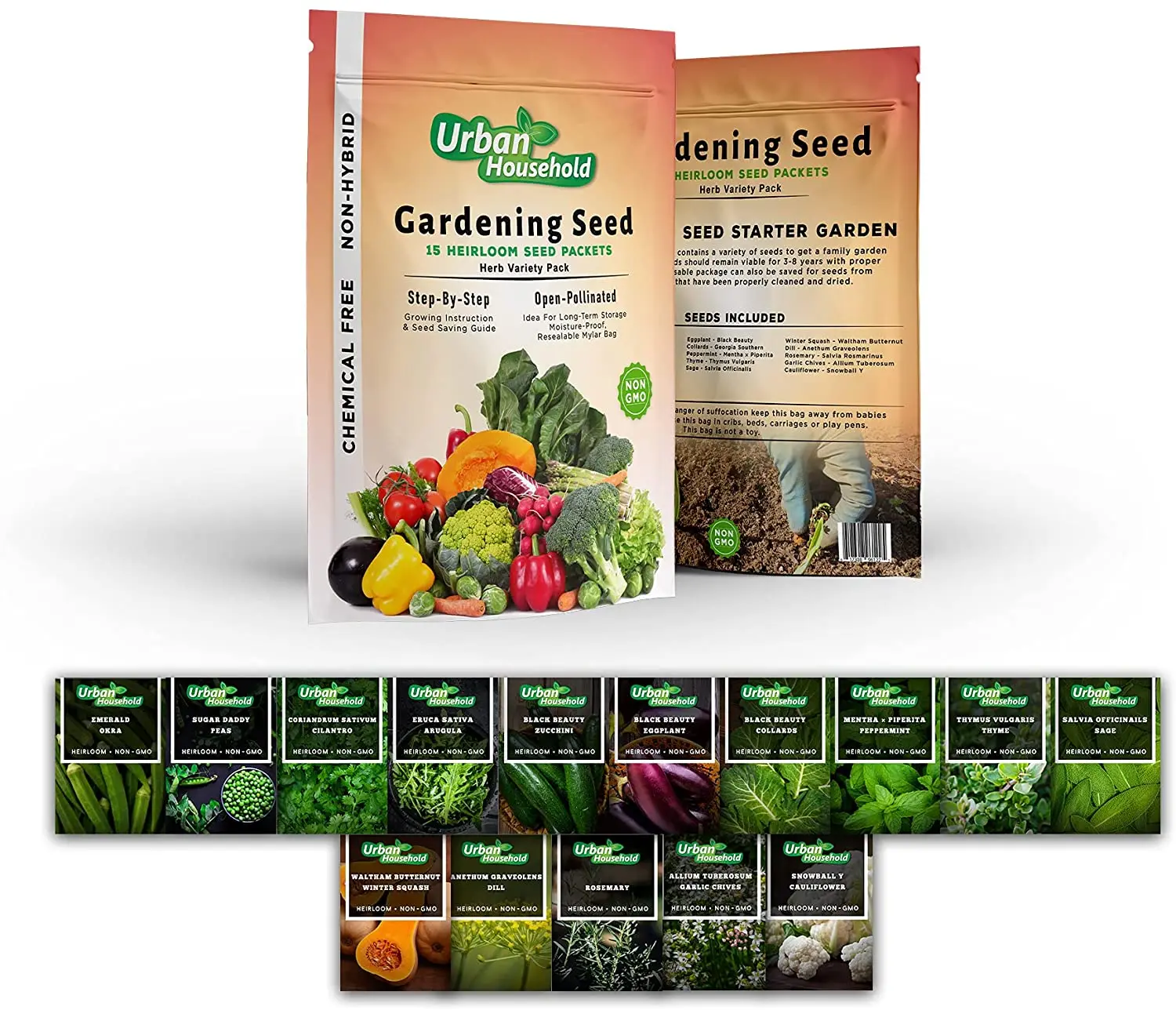 Vegetable Seeds - Set of 15 Assorted Non-GMO Vegetables & Herb Seedlings - Starter Variety Mix for Indoor & Outdoor Gardening