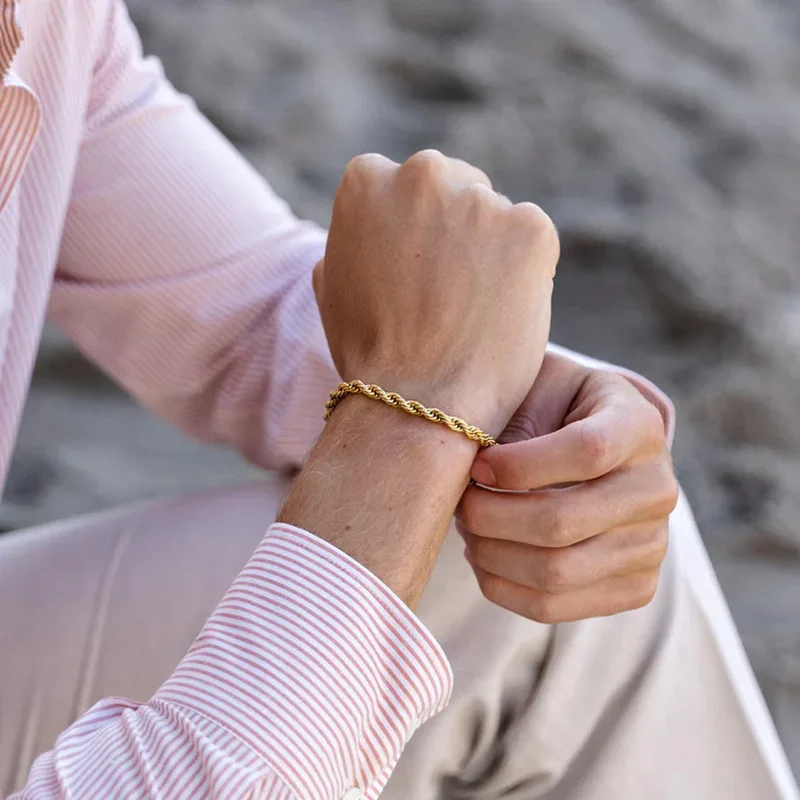 Best Selling 18k Real Gold PVD Stainless Steel Twist Rope Chain Bracelet for Men