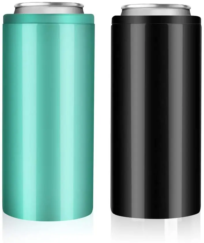 Hot in Amazon 12 oz Double Wall 304 Stainless Steel Insulated Vacuum Skinny Slim Beer Can Soda Cooler Holder with lid