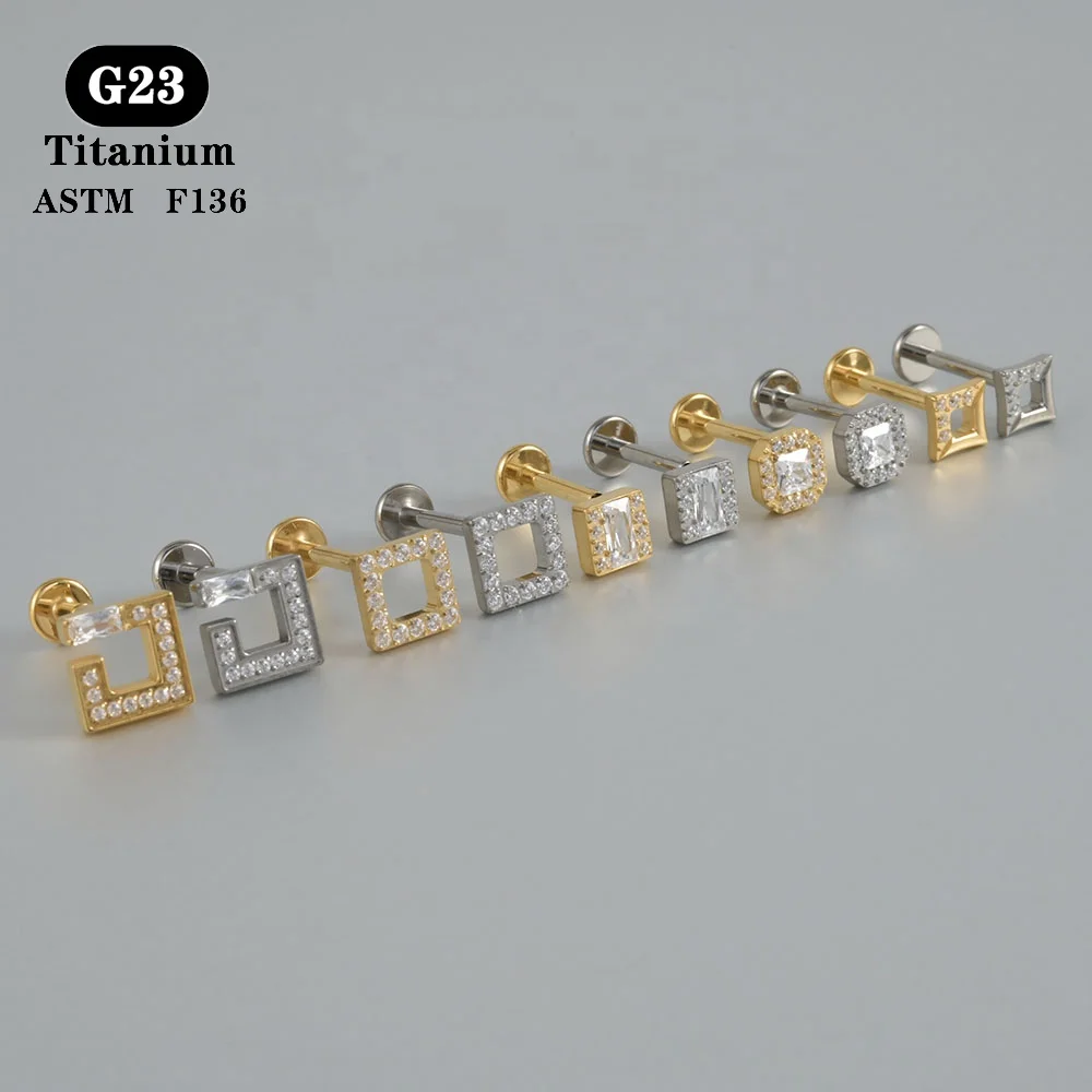 ASMM F136 титановые циркониевые серьги квадратные серебряные позолоченные модные серьги-гвоздики для пирсинга 16 г оптовая продажа