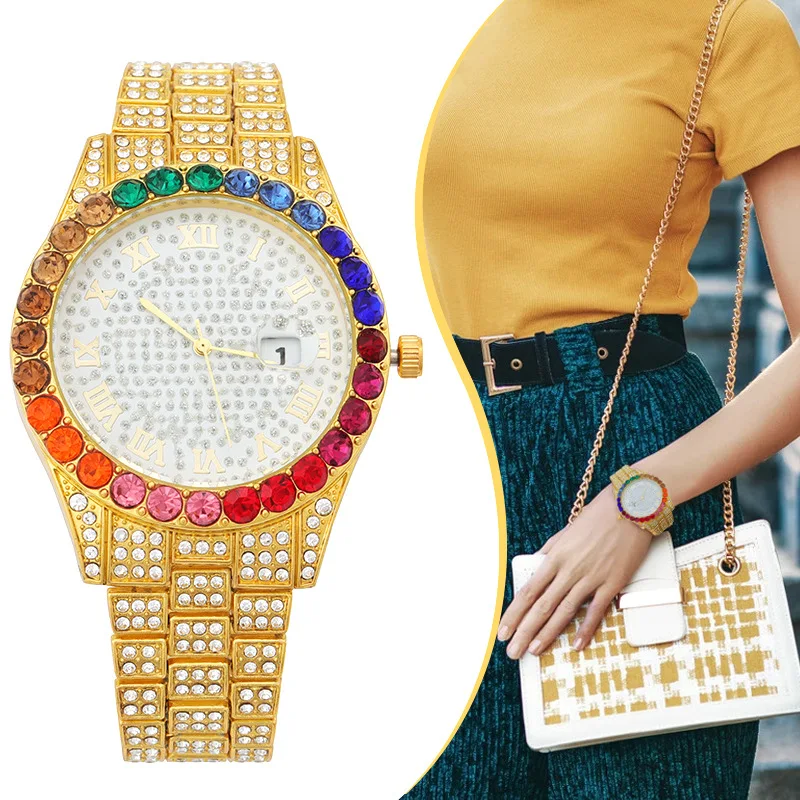 Gold Iced Out Men Watches Rainbow Diamond Quartz Luminous Watch Man Luxury Classic Unique Wristwatch