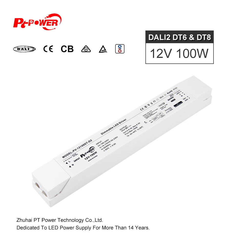 DALI DT8 Dimming 100W 12/24V White Plastic Shell 100-240V Constant Voltage DALI Dimmable LED Driver for Office LED Lighting