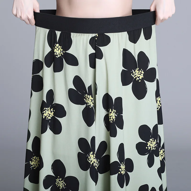 Ice silk print A-line skirt summer new style Korean style high waist draped pleated skirt mid-length skirt
