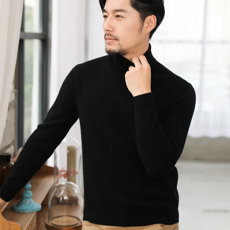 
OEM Men High Collar Pullover Long Sleeve Knitwear Pure Color Sweater 