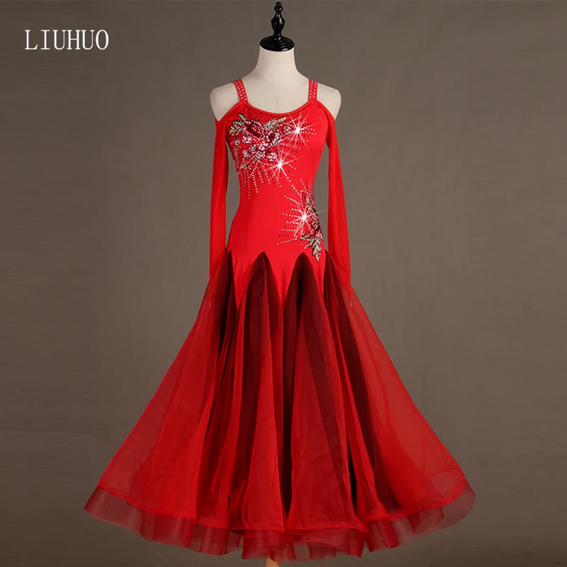 Professional modern dance red flowers competition dress ballroom dance group performance suit waltz tango skirts