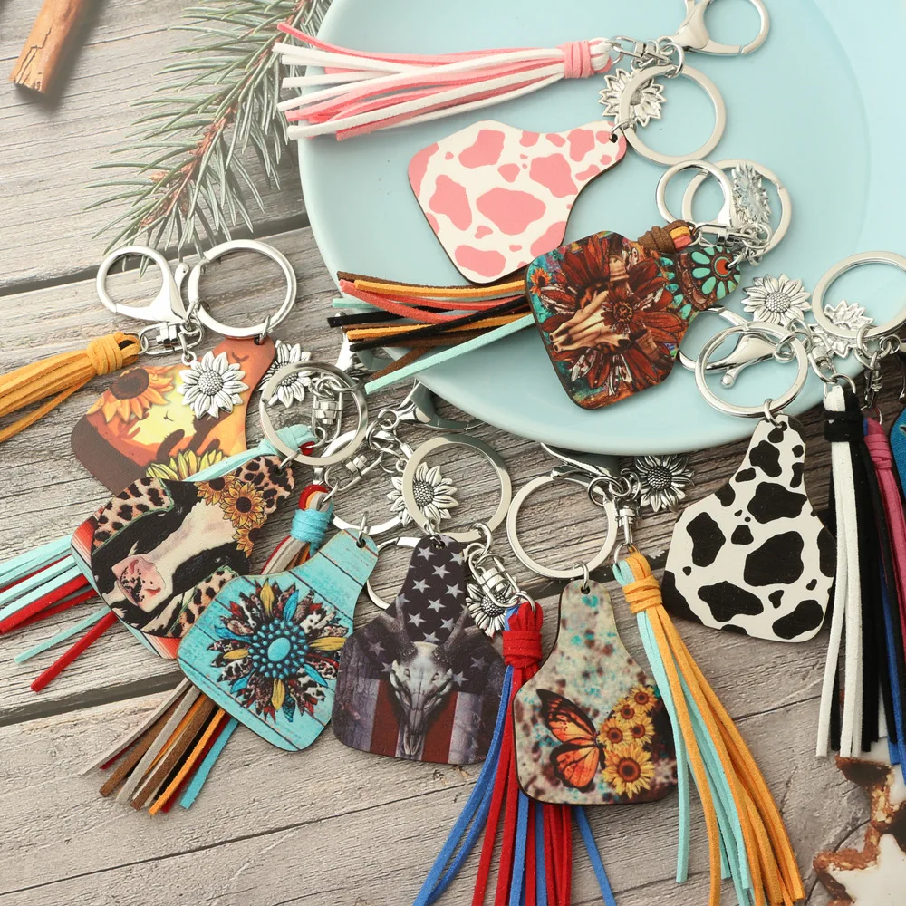 Western Vintage Long Tassel Sunflower Pendant Key Ring Cowboy Bull Head Dairy Cattle Print Cow Brand Wooden Keychain