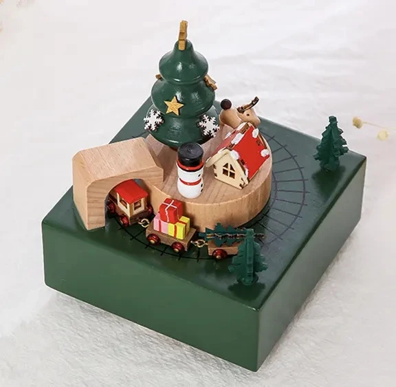 Christmas Train Ornaments Wooden Rotating Music Boxes Gifts