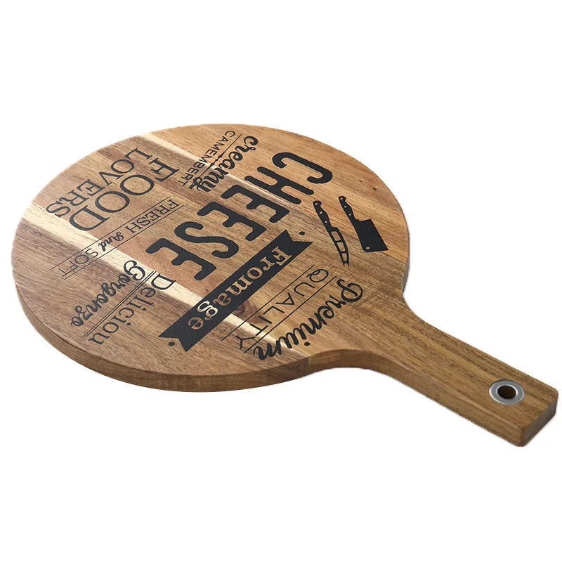 Yesjoy custom round Acacia cutting board with customized  hand writings and handle