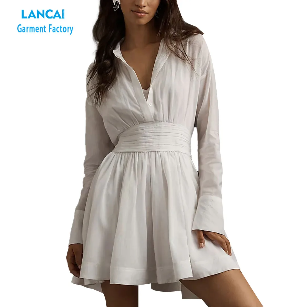 Custom New Style Professional  Button Neck  Mini Dress Sexy Raw In Hem Women Dress