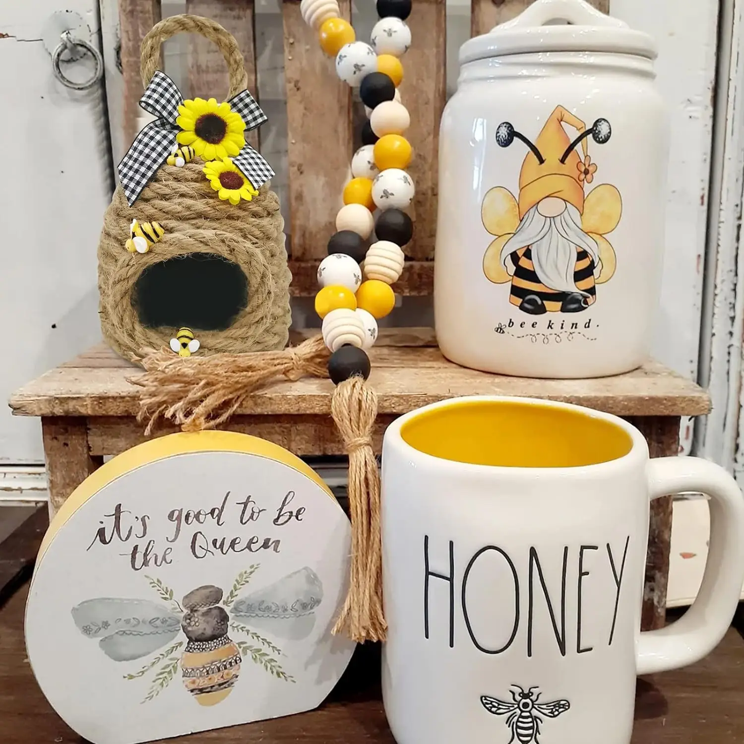 Mini Beehive Farmhouse Bee Tiered Tray Decor Spring Summer Shelf Sitter Coffee Bar Kitchen Table decor