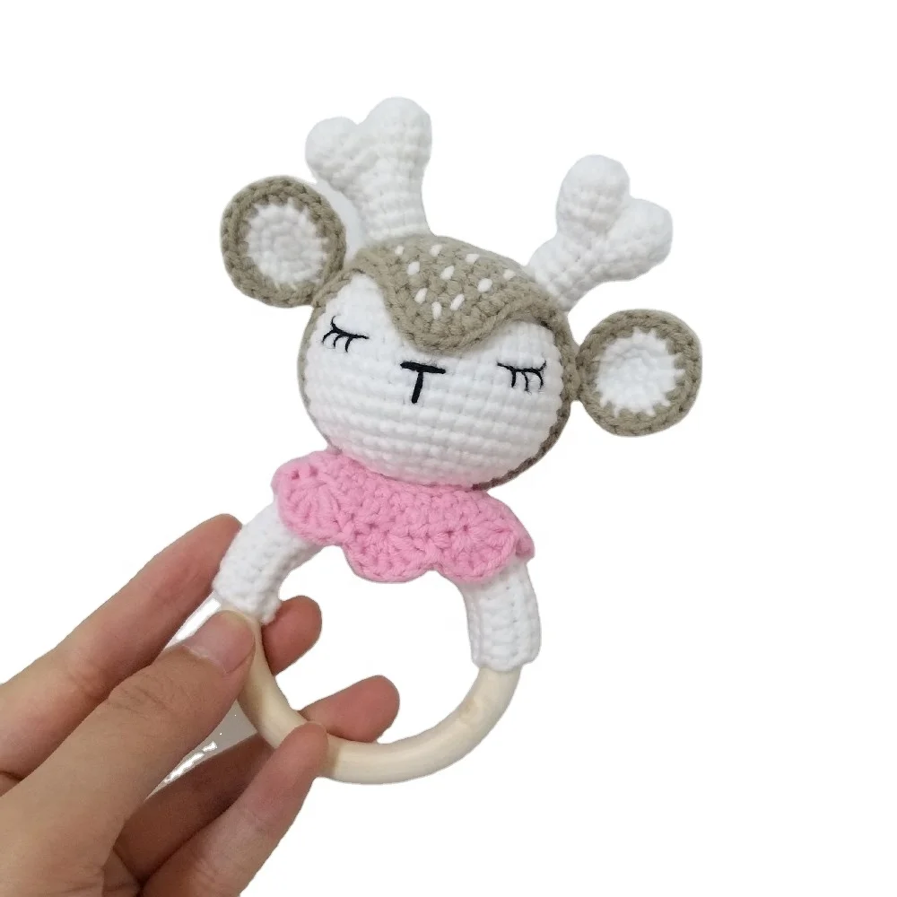 Оптовая продажа 100%, вязаное кольцо для прорезывания зубов из натурального дерева ручной работы, Игрушка-прорезыватель для зубов, погремушка для ребенка с оленем