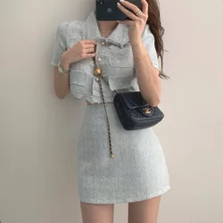 Korean Skirt Suit O-neck Puff Sleeve Shirt Coat Slim Bodycon Mini Skirts Set Korean Temperament Tweed 2 Piece Set Women