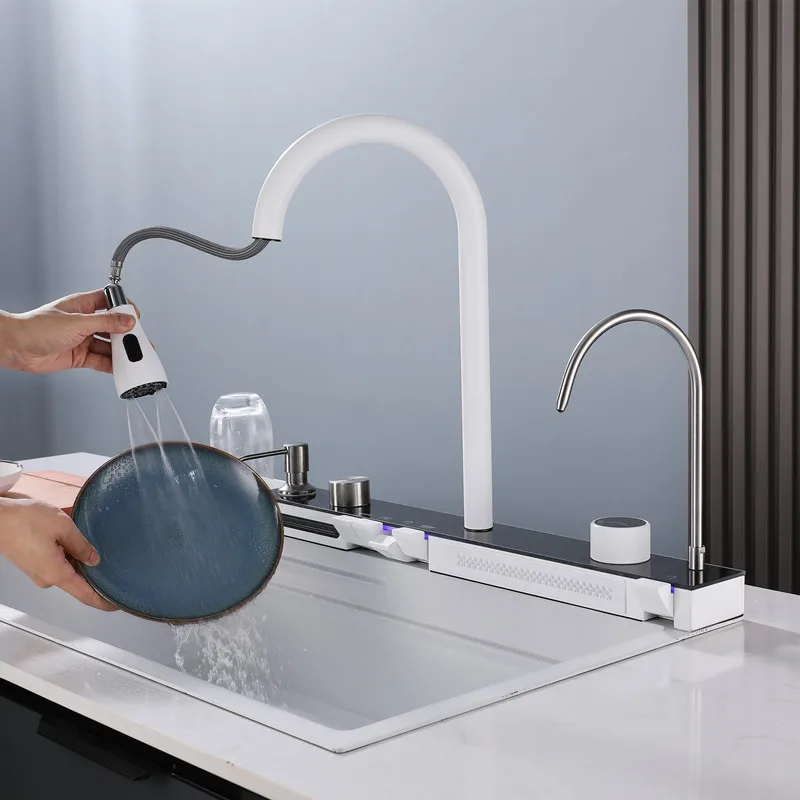 Multifunction 304 Stainless Steel waterfall rainfall faucet kitchen LED Digital Display faucet Flying Waterfall Kitchen Sink set