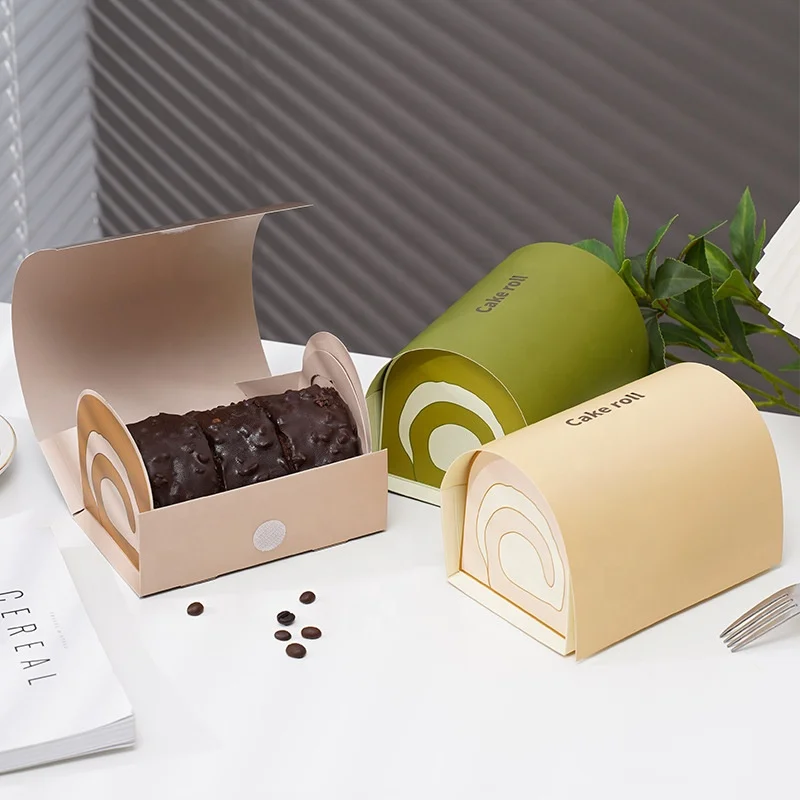 Box printing low price luxury 20pieces moq one color chocolate green beige cardboard swiss roll cake boxes