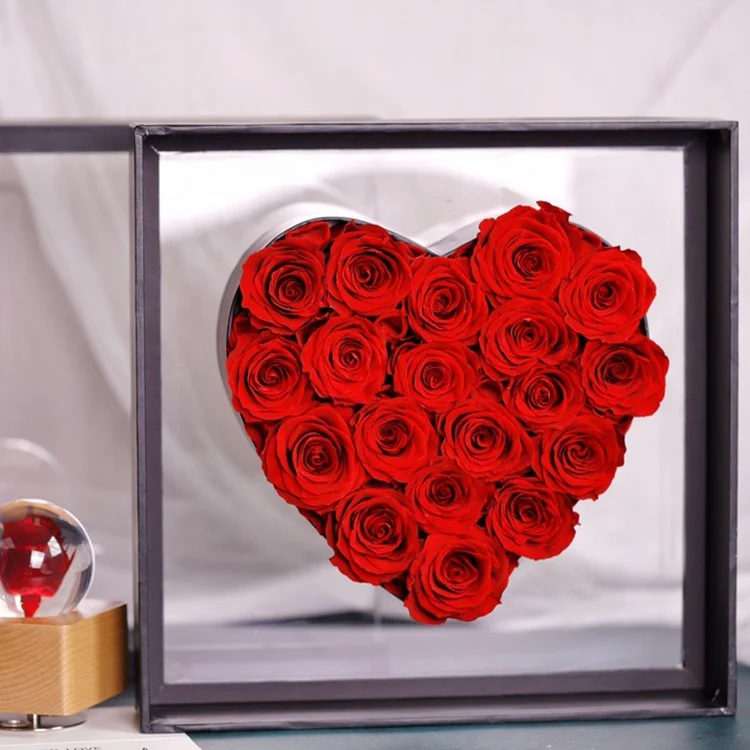 INUNION Lovely Immortal Fleur Preserved Roses In acrylic Box Forever Love Rose Christmas Gift Mom Preserved Flowers