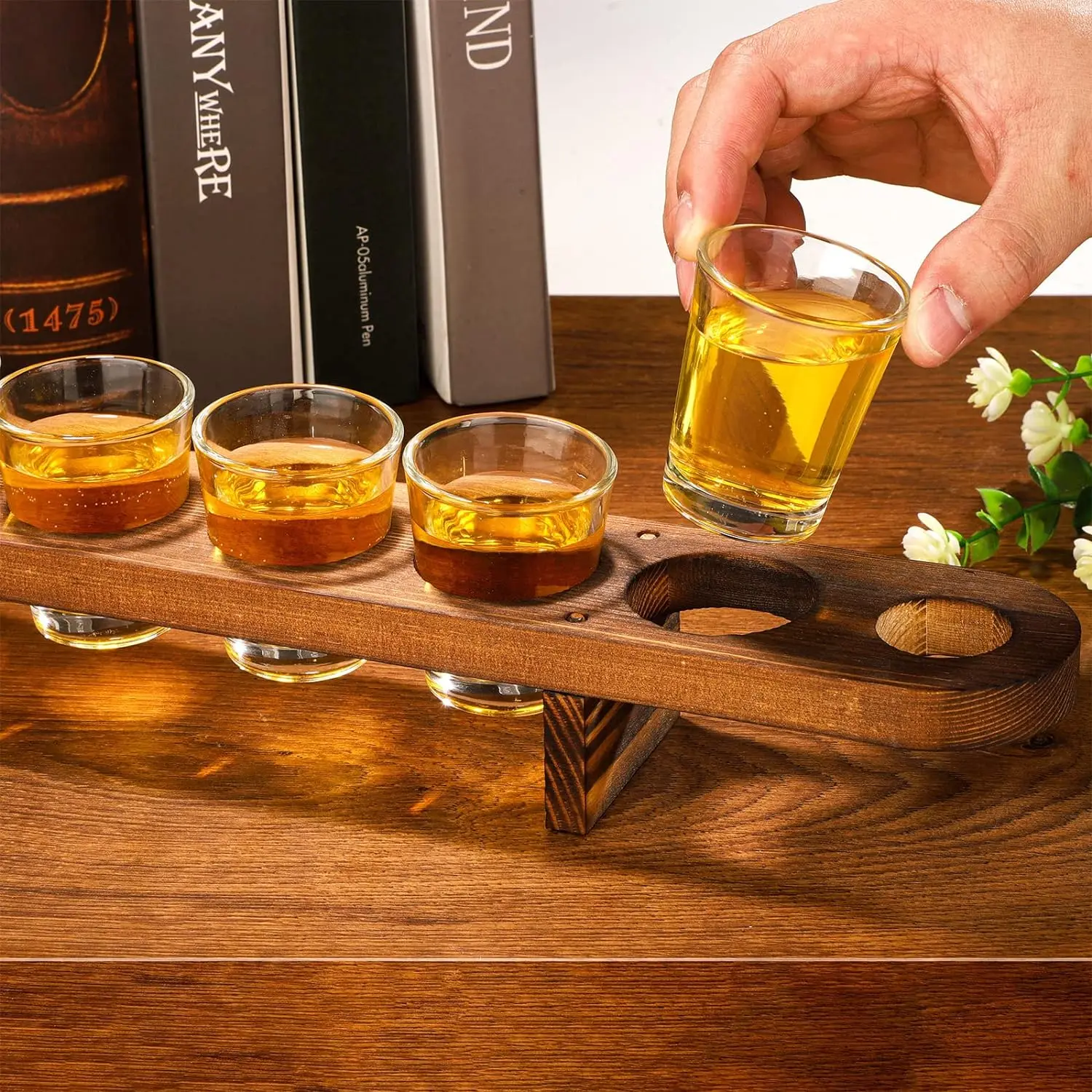 Wooden Holder for Drinking Wood Shot Cup Tray Tequila Glass Set with Tray Whiskey Flight Board