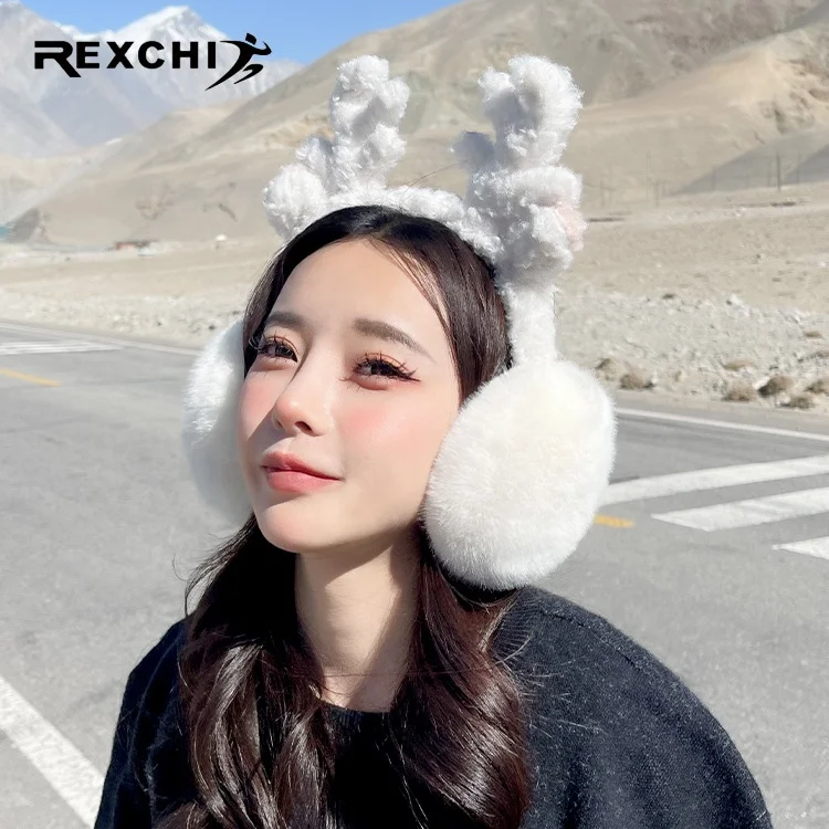 REXCHI DEZ37 Lovely Reindeer Fur Winter Ear Christmas Warmers Comfort Custom Fashionable Fleece Ear Women Warm Earmuffs