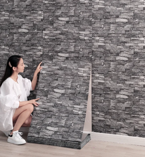 Self Adhesive 3D Foam Wallpaper for Home Decoration 10m Long Size Wallpaper Brick With Printing Pattern