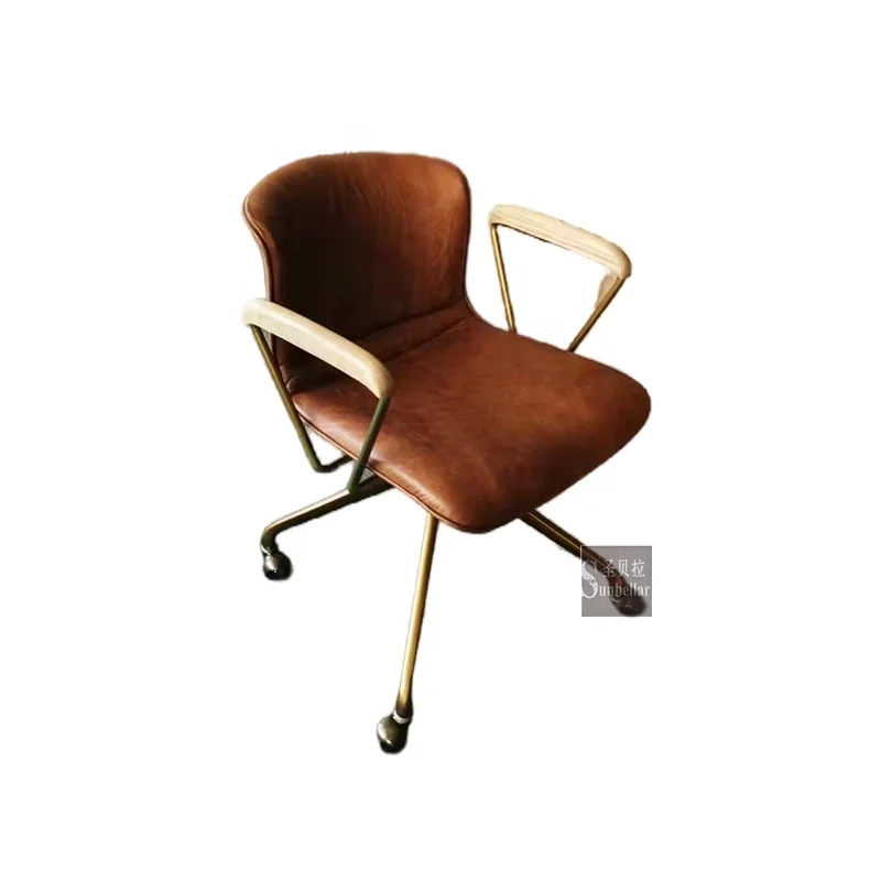wholesale antique leather swivel reading chair vintage brown genuine leather armchair with wheels medium back home office chair
