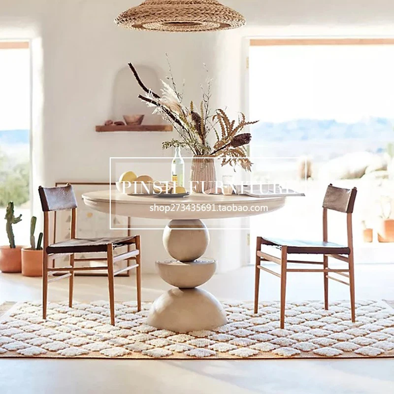 French vintage white solid wood dining table American oak carved round dining table for six people custom dining table