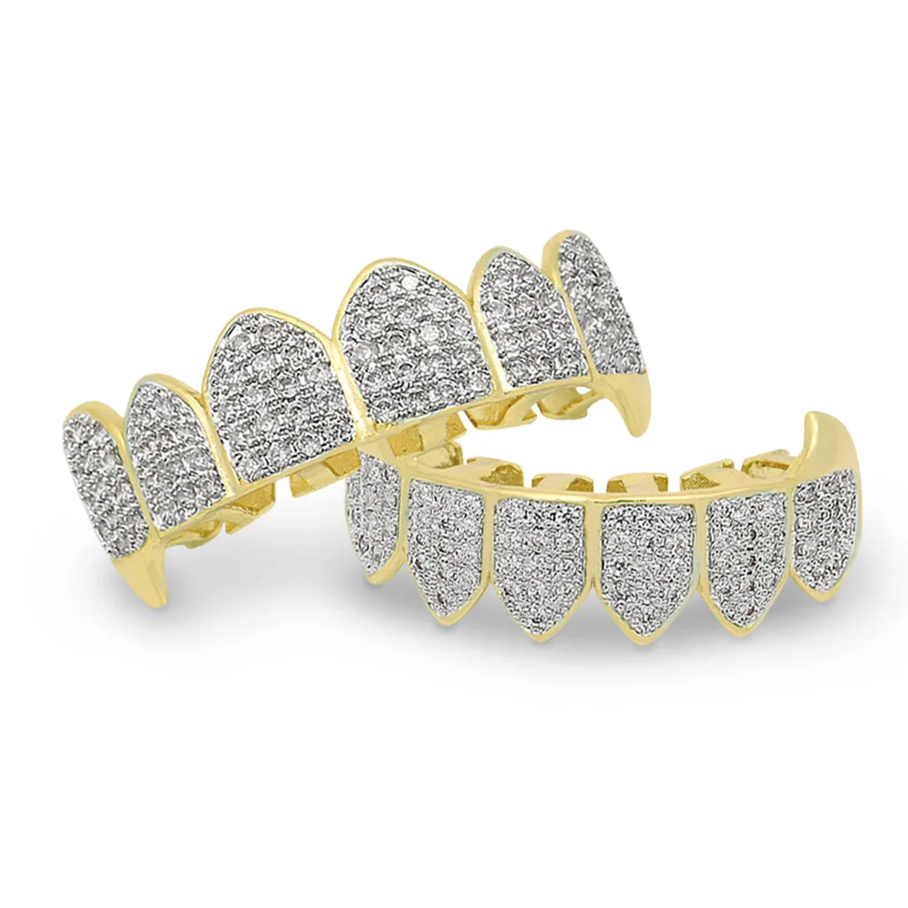Custom 18K Real Gold Plated Micro Pave CZ Dental Grills 8 Top and 8 Bottom Iced Out Grillz Hip Hop Bling Diamond Teeth Grillz